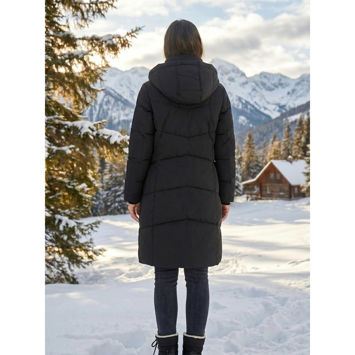 Women's Puffer Coat with Quilted Construction Fleece-Lined Hood and Drawstring - Image 9