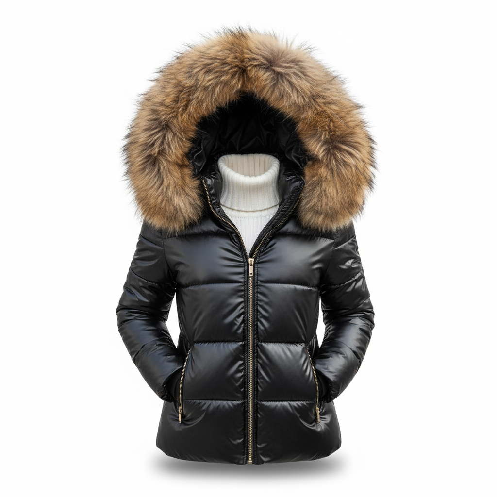 Women's Puffer Jacket with Quilted Design Faux Fur Hood and Zip Pockets - Image 2