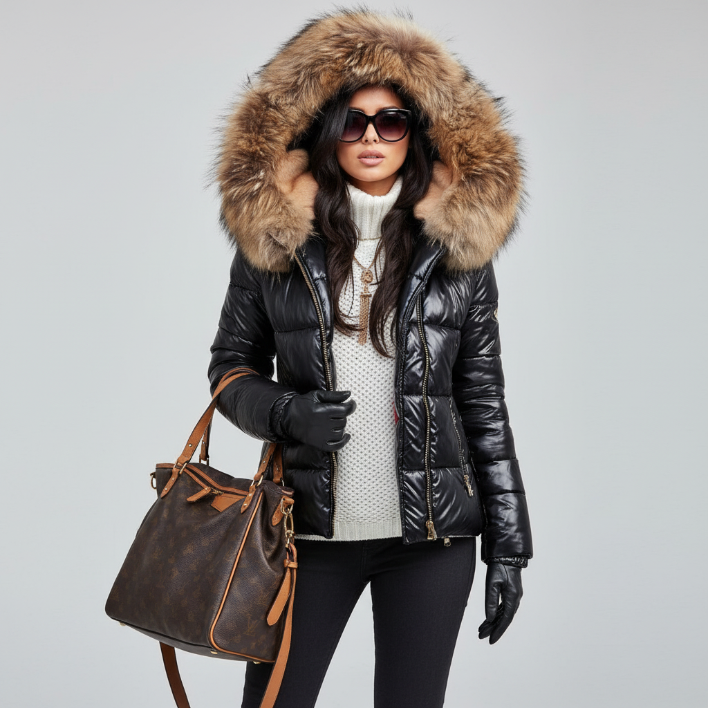 Women's Puffer Jacket with Quilted Design Faux Fur Hood and Zip Pockets - Image 4