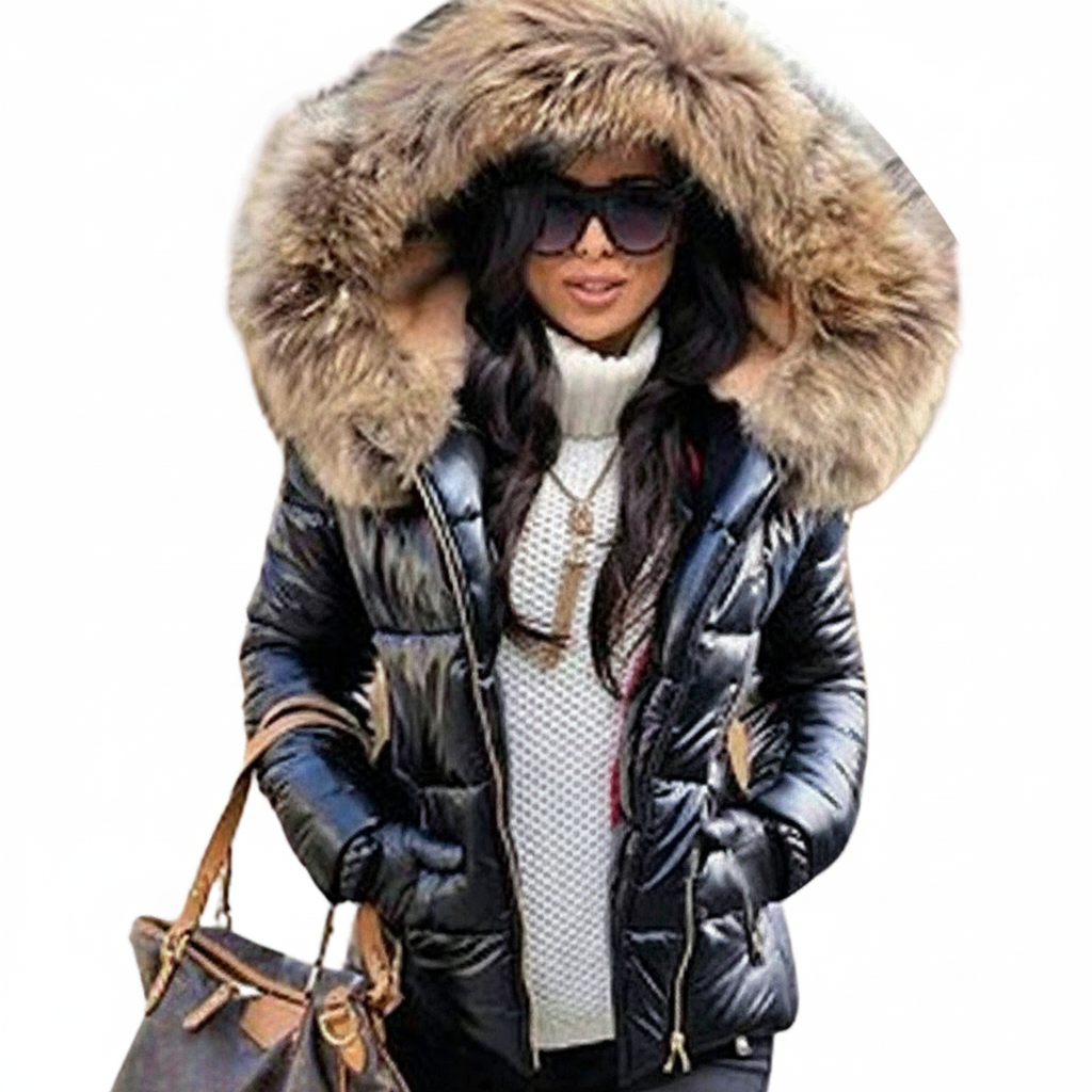 Women's Puffer Jacket with Quilted Design Faux Fur Hood and Zip Pockets - Image 6