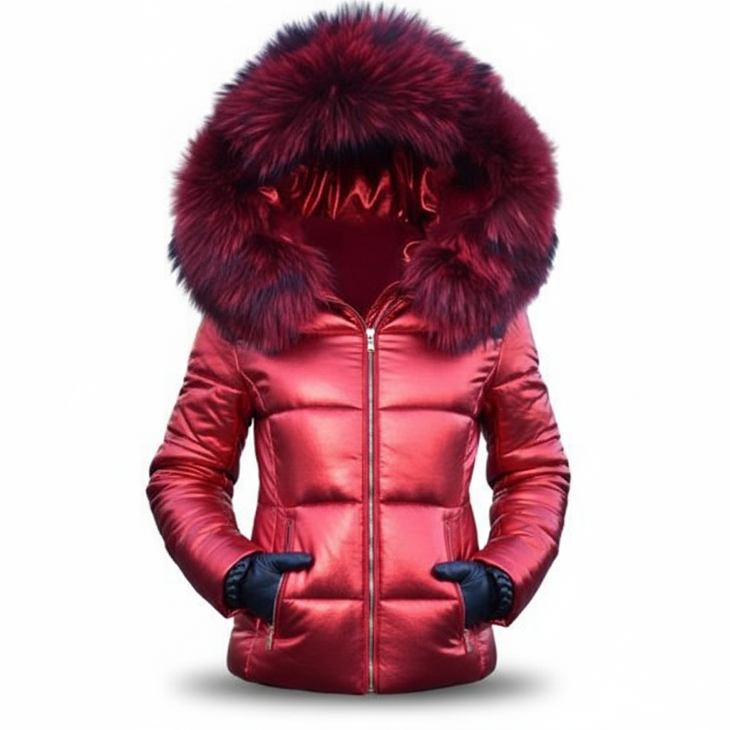 Women's Puffer Jacket with Quilted Design Faux Fur Hood and Zip Pockets - Image 7