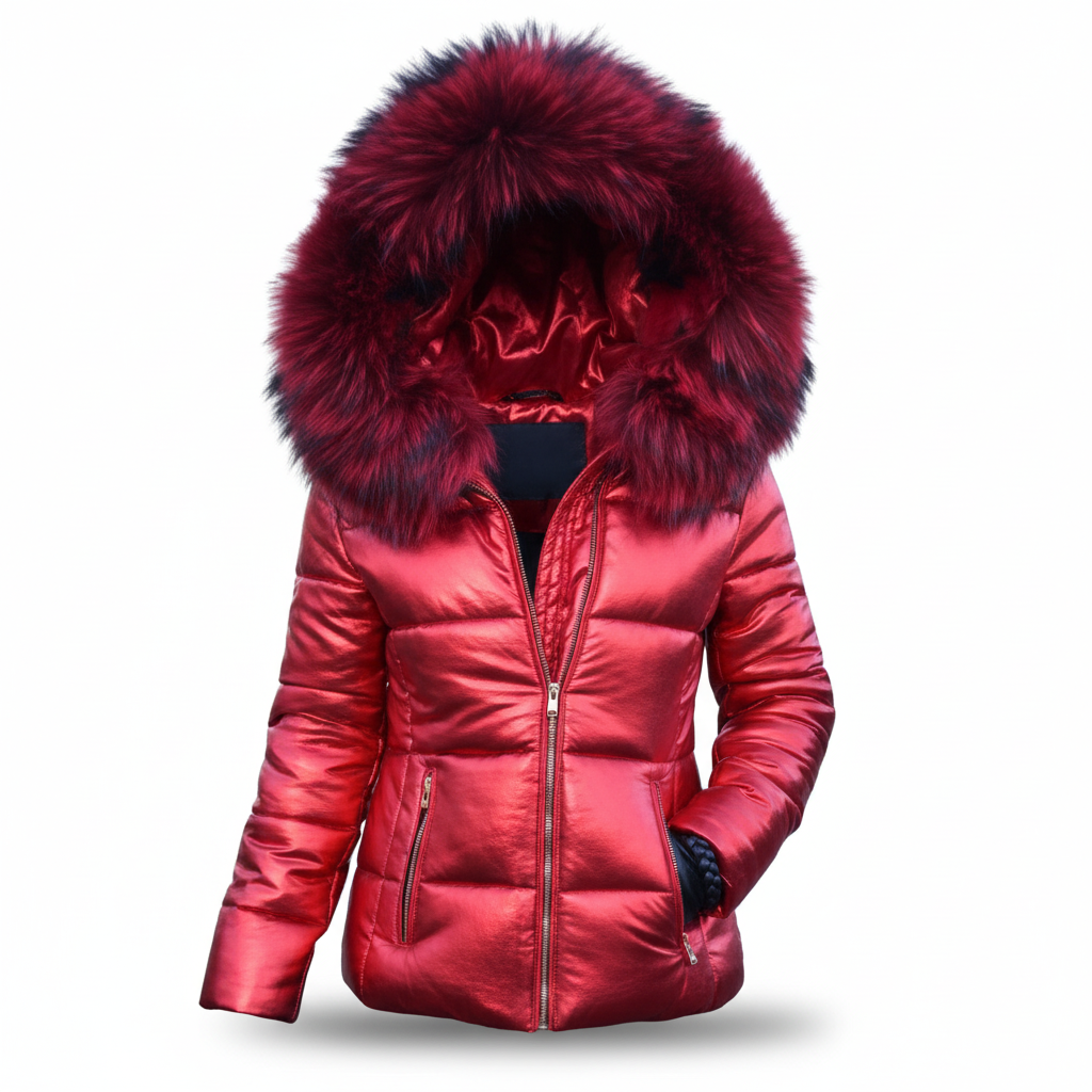 Women's Puffer Jacket with Quilted Design Faux Fur Hood and Zip Pockets - Image 8