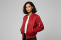 Women's Satin Bomber Jacket with Utility Pockets and Ribbed Knit Details - Image 1