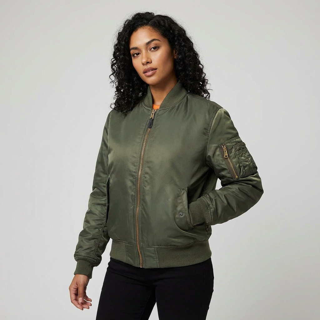 Women's Satin Bomber Jacket with Utility Pockets and Ribbed Knit Details - Image 11