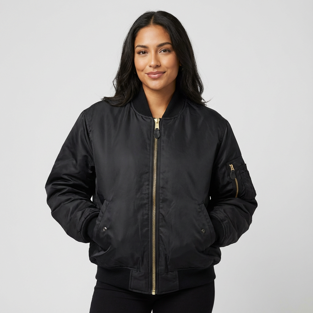 Women's Satin Bomber Jacket with Utility Pockets and Ribbed Knit Details - Image 13
