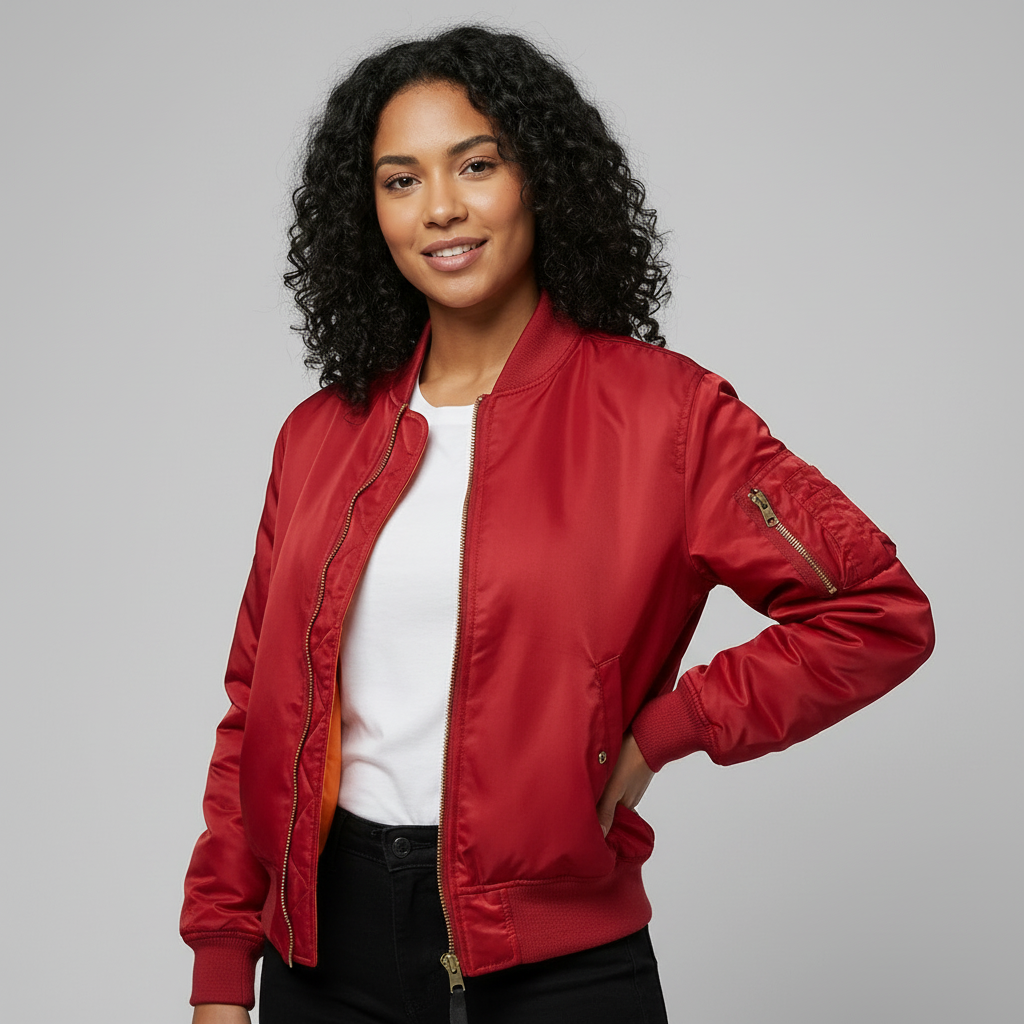 Women's Satin Bomber Jacket with Utility Pockets and Ribbed Knit Details - Image 2