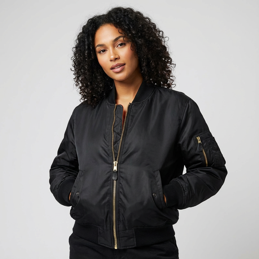 Women's Satin Bomber Jacket with Utility Pockets and Ribbed Knit Details - Image 3