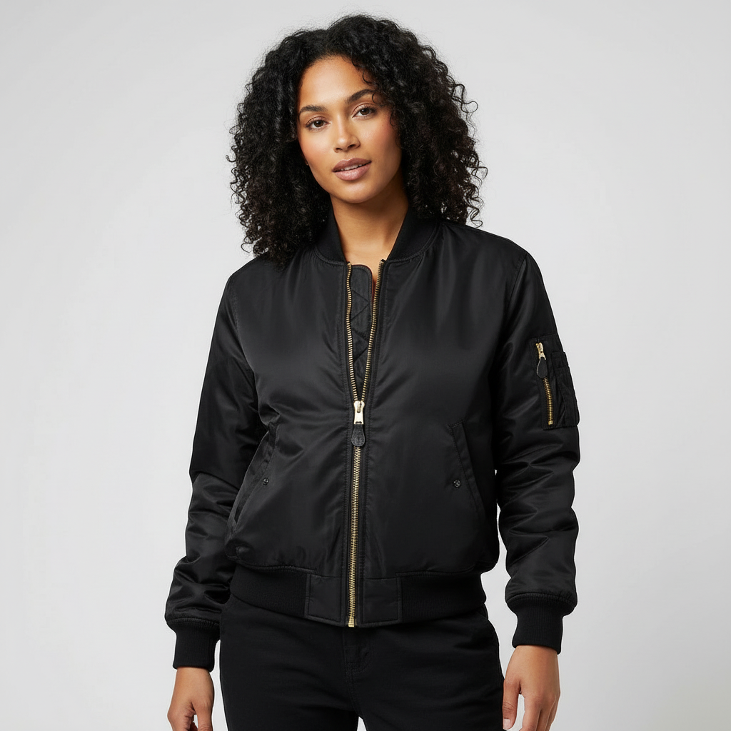 Women's Satin Bomber Jacket with Utility Pockets and Ribbed Knit Details - Image 4