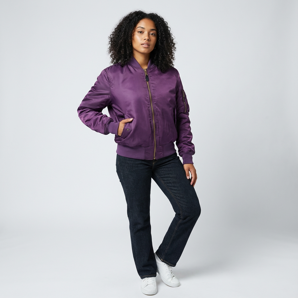 Women's Satin Bomber Jacket with Utility Pockets and Ribbed Knit Details - Image 5