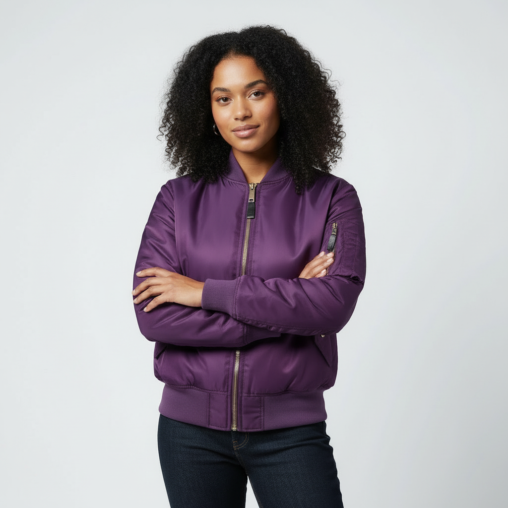 Women's Satin Bomber Jacket with Utility Pockets and Ribbed Knit Details - Image 6