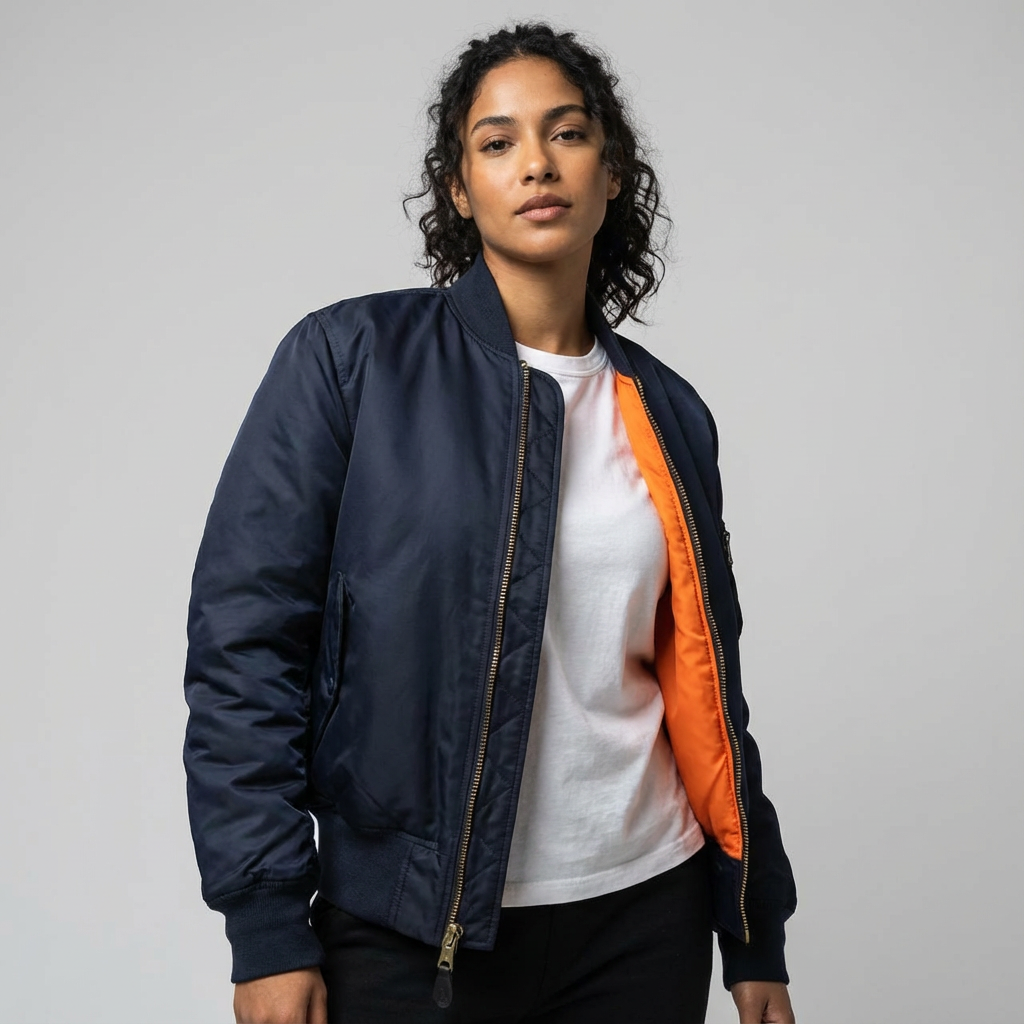 Women's Satin Bomber Jacket with Utility Pockets and Ribbed Knit Details - Image 7