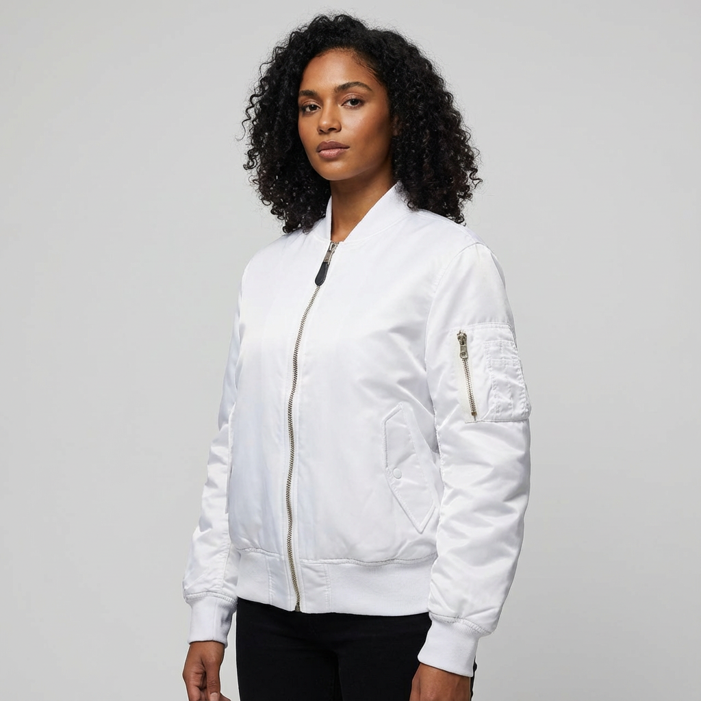 Women's Satin Bomber Jacket with Utility Pockets and Ribbed Knit Details - Image 8