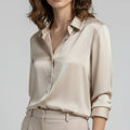 Women's Satin Button Up Blouse with Long Sleeves and Pointed Collar - Image 1