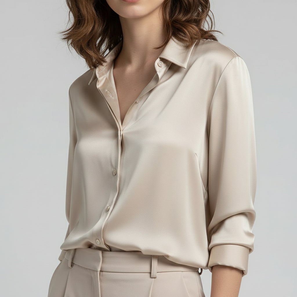 Women's Satin Button Up Blouse with Long Sleeves and Pointed Collar - Image 1