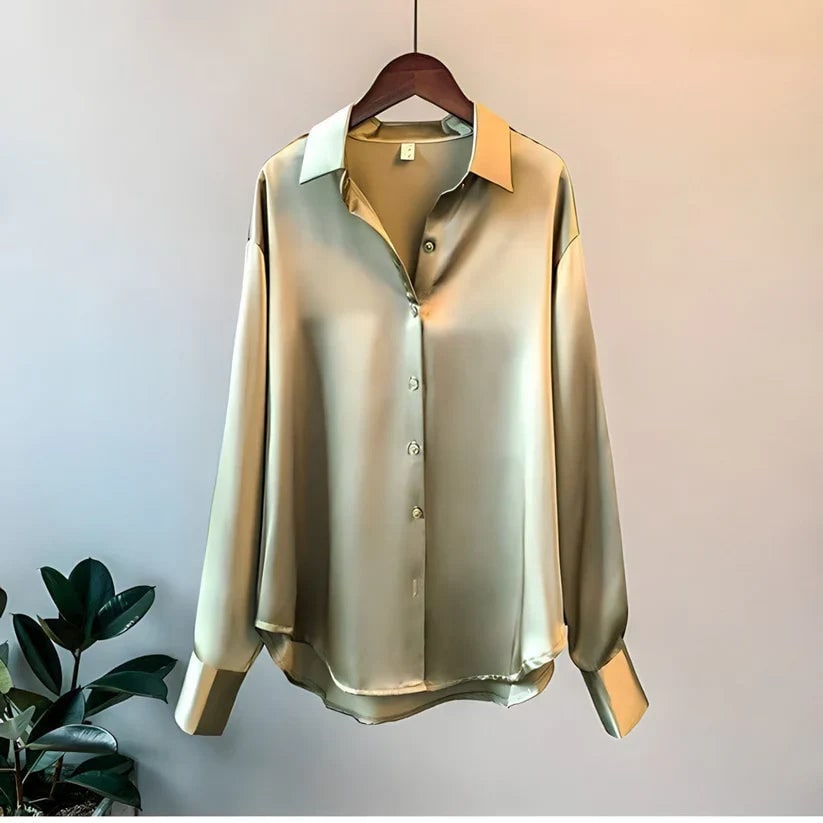 Women's Satin Button Up Blouse with Long Sleeves and Pointed Collar - Image 2
