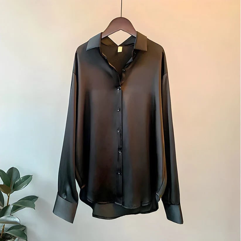 Women's Satin Button Up Blouse with Long Sleeves and Pointed Collar - Image 3