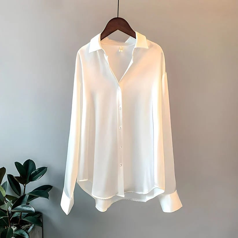 Women's Satin Button Up Blouse with Long Sleeves and Pointed Collar - Image 4