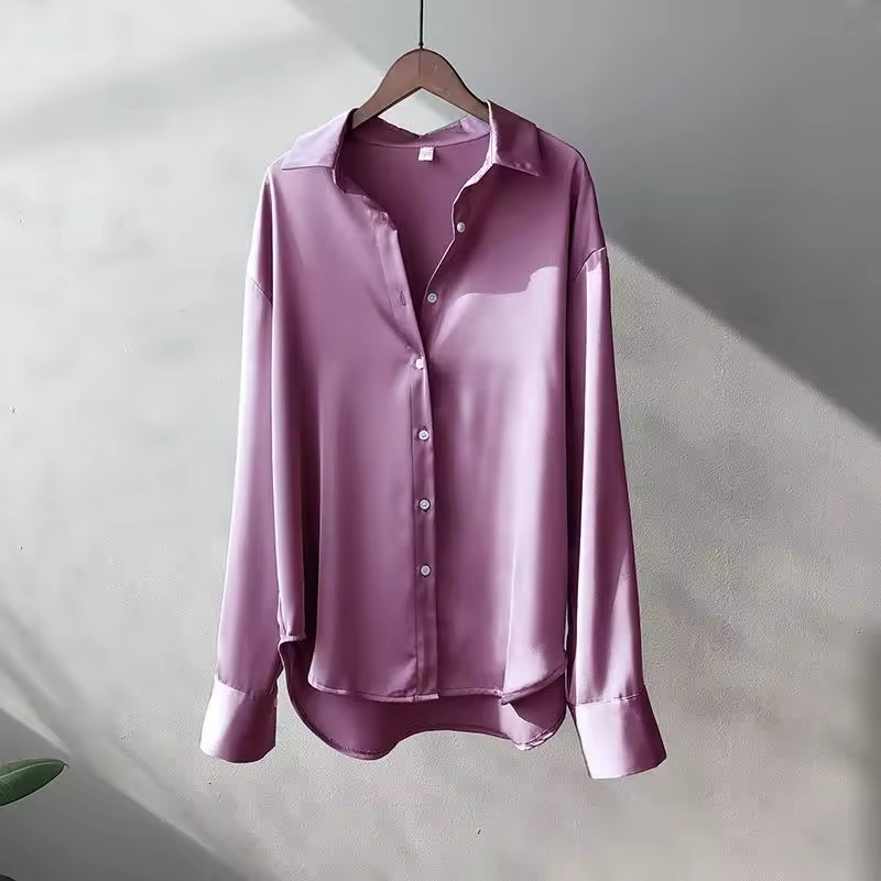 Women's Satin Button Up Blouse with Long Sleeves and Pointed Collar - Image 5
