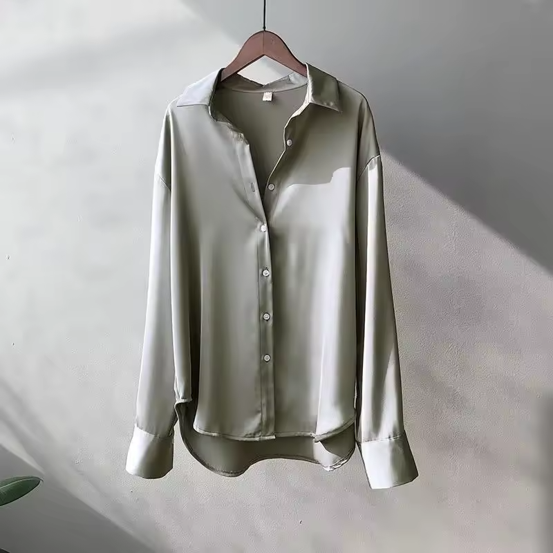 Women's Satin Button Up Blouse with Long Sleeves and Pointed Collar - Image 6