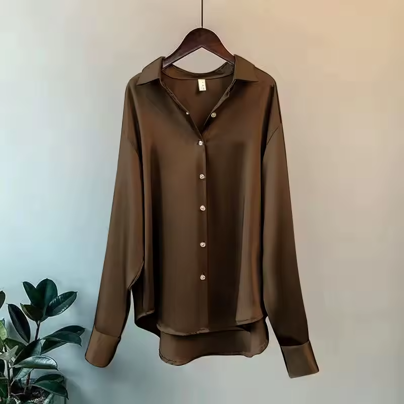Women's Satin Button Up Blouse with Long Sleeves and Pointed Collar - Image 7