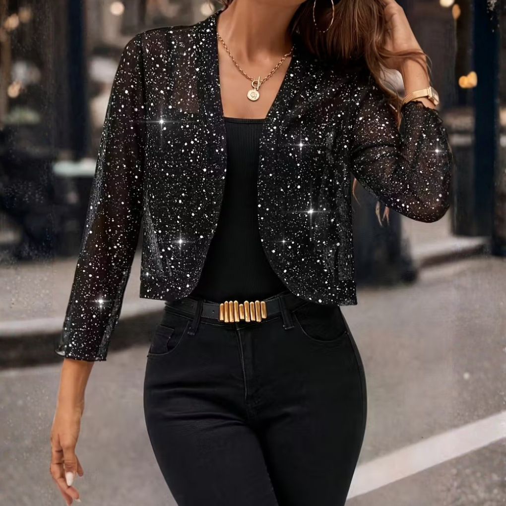 Women's Sequin Shrug Jacket with Cropped Open Front and All-Over Glitter Mesh - Image 2