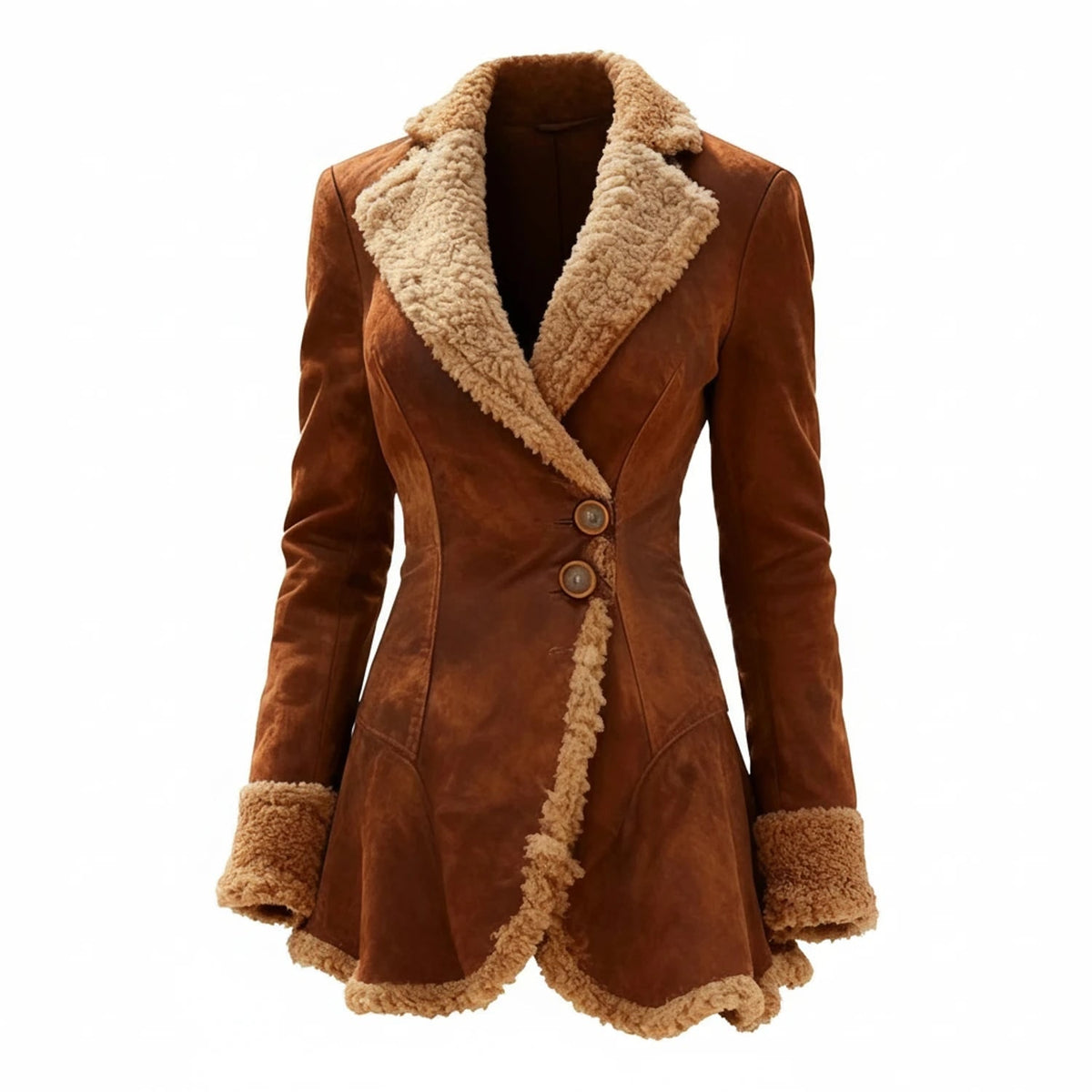 Women's Shearling Jacket with Faux Suede and Fur Trim Fitted Winter Coat - Image 1