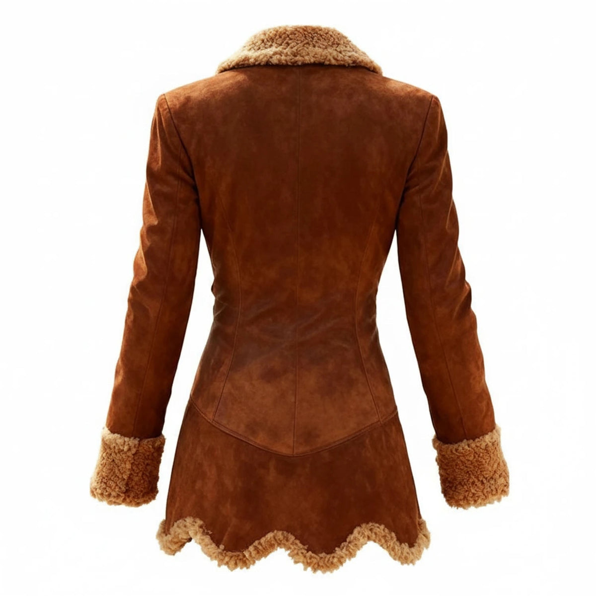 Women's Shearling Jacket with Faux Suede and Fur Trim Fitted Winter Coat - Image 2