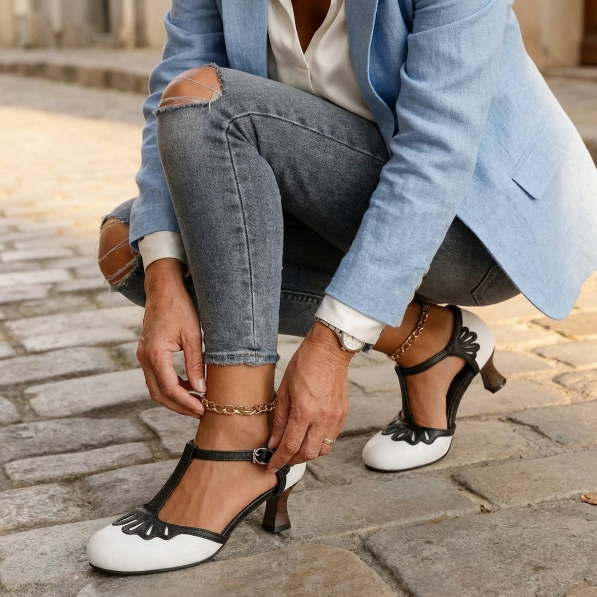 Women's Vintage Kitten Heels with T-Strap Scalloped Toe and Adjustable Buckle Closure - Image 2