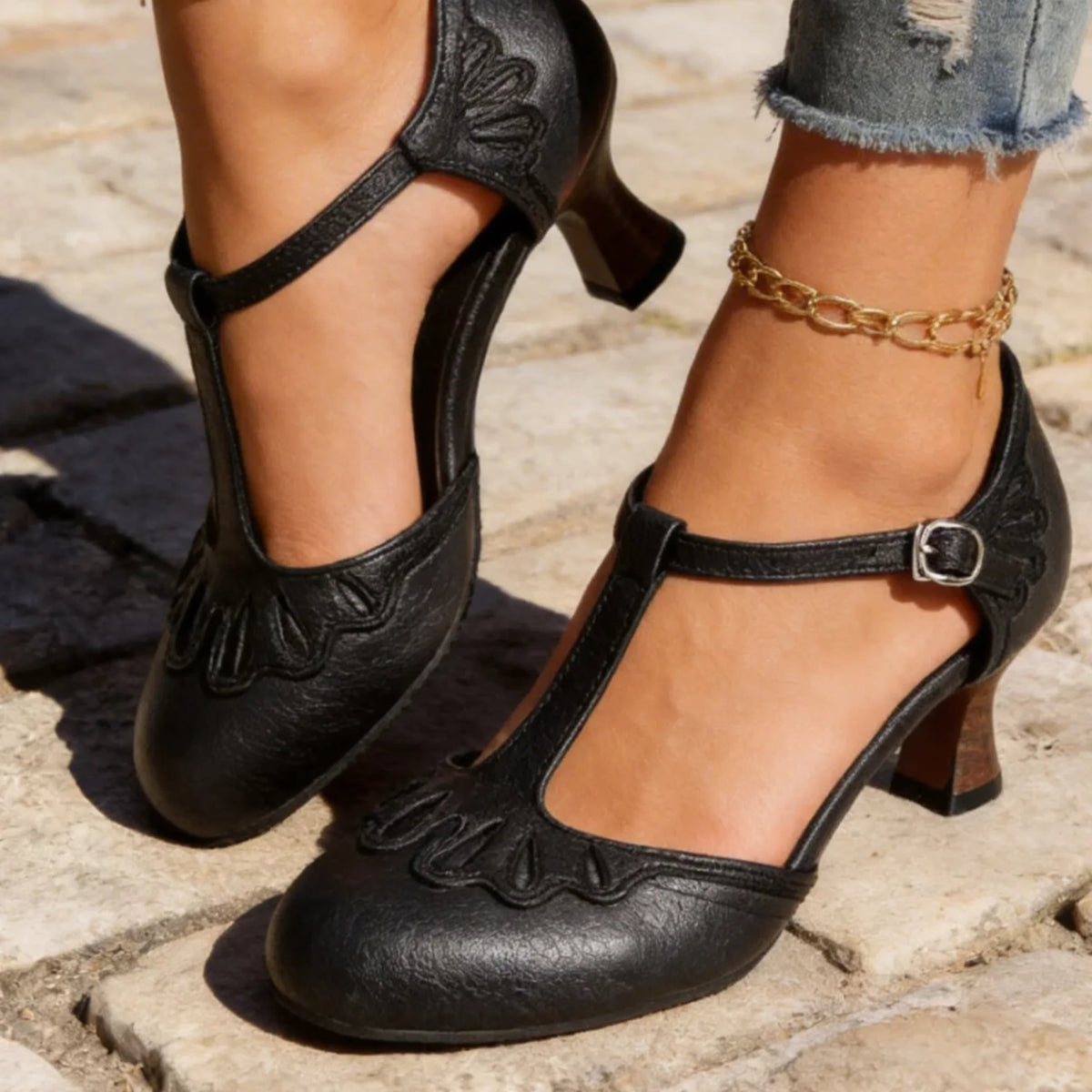 Women's Vintage Kitten Heels with T-Strap Scalloped Toe and Adjustable Buckle Closure - Image 3