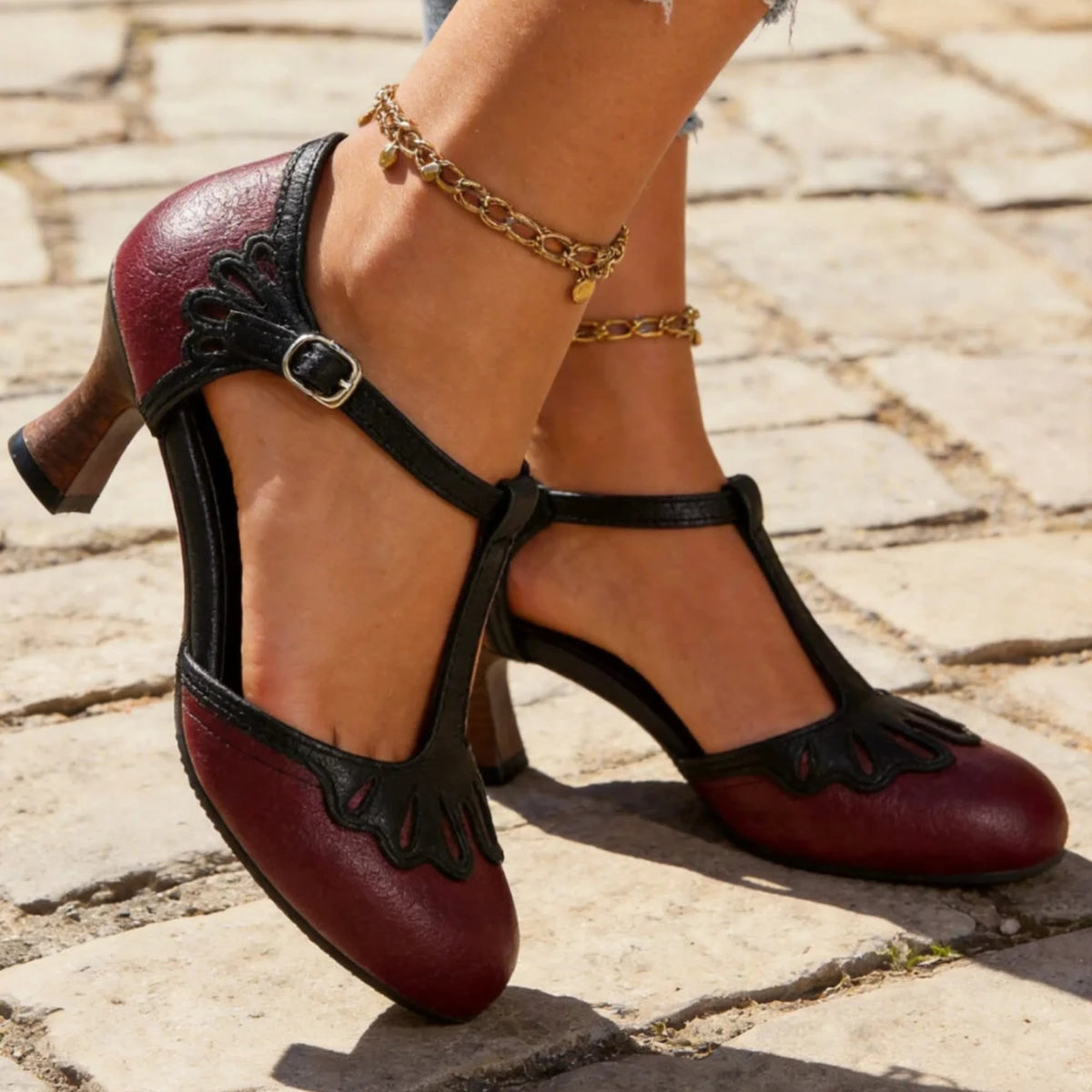Women's Vintage Kitten Heels with T-Strap Scalloped Toe and Adjustable Buckle Closure - Image 5