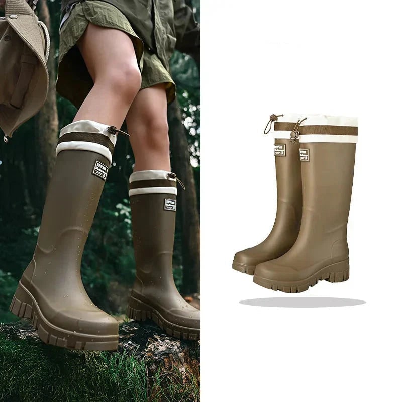 Women's Waterproof Rain Boots with Drawstring Collar and Chunky Lug Sole - Image 14