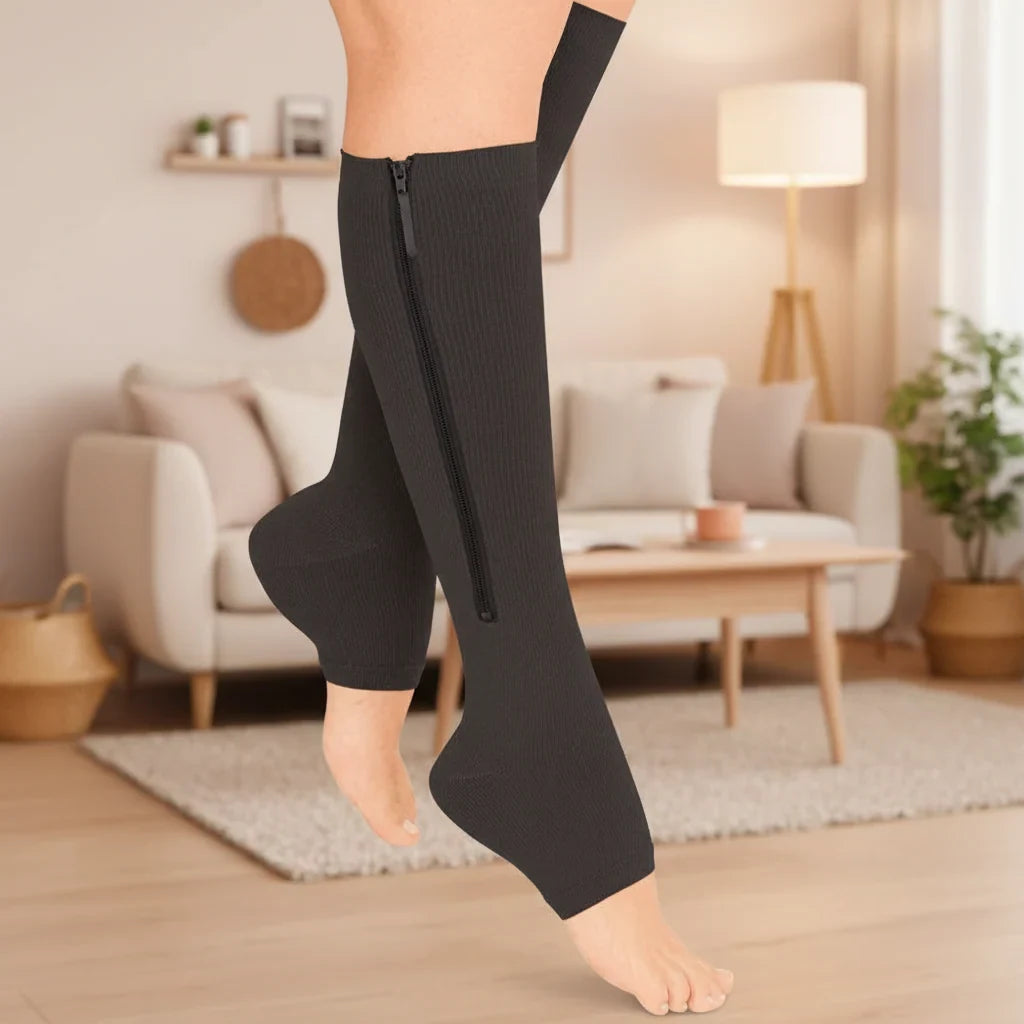 Zipper Compression Socks with Open Toe and Knee High Length for Travel - Image 1