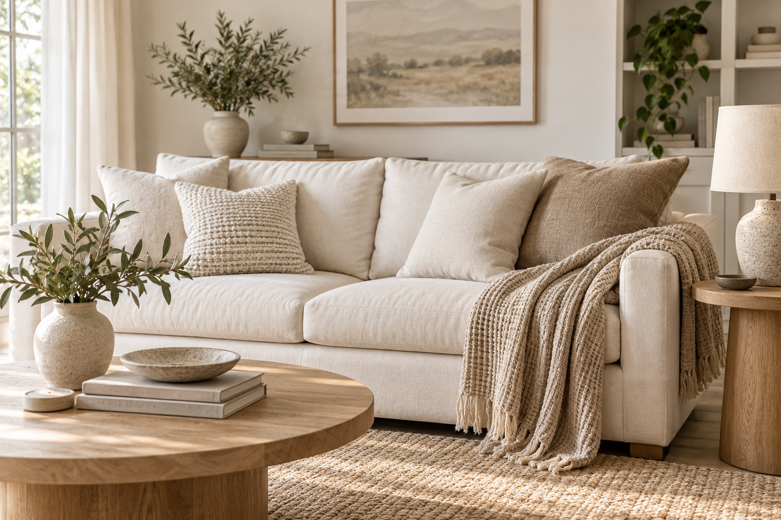 Warm neutral living room styled with cushions, a textured throw, ceramics and natural decor