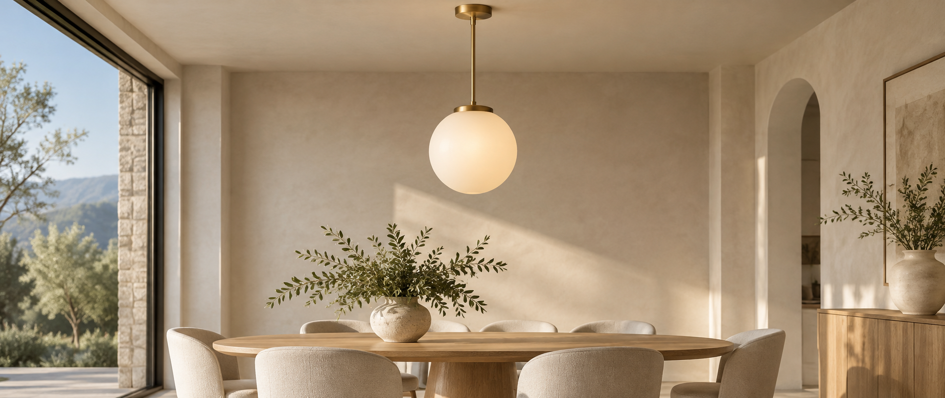 Warm brass and opal glass ceiling pendant in a clean neutral dining room
